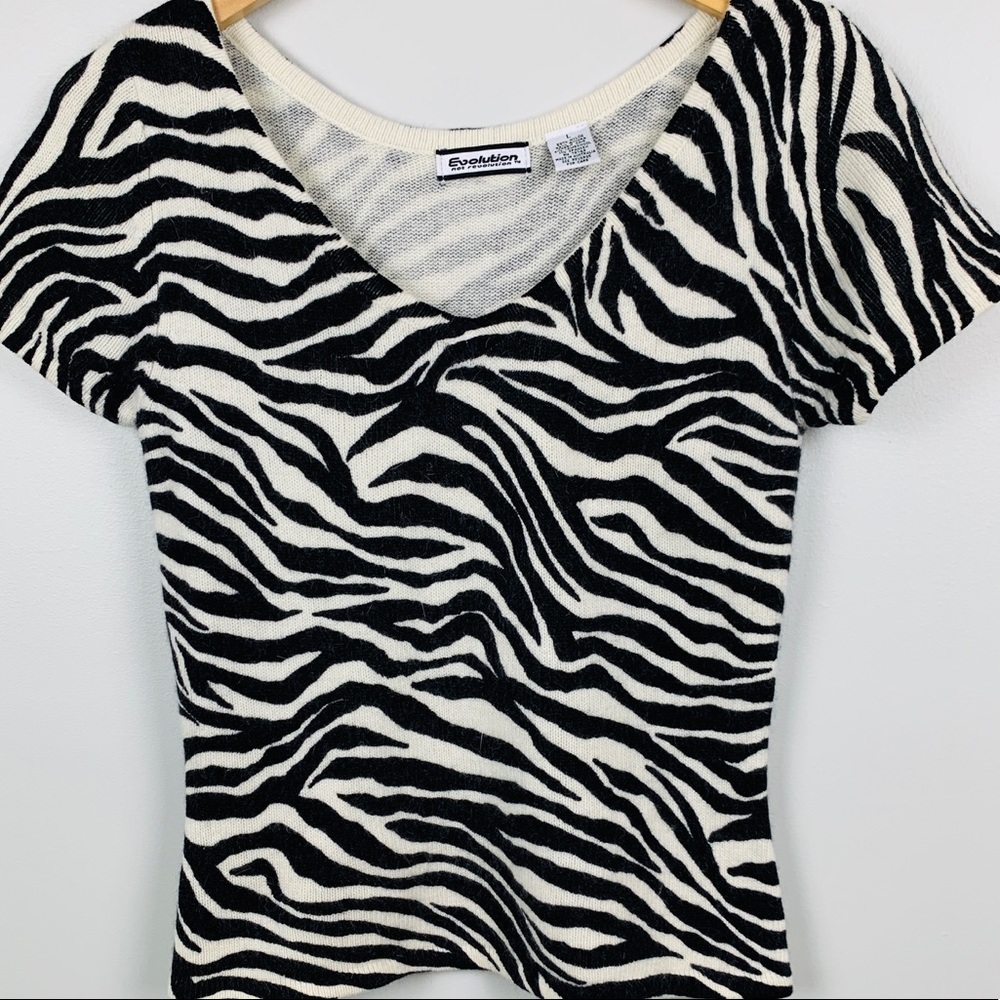 Evolution Zebra Print V-Neck Sweater, Sz L